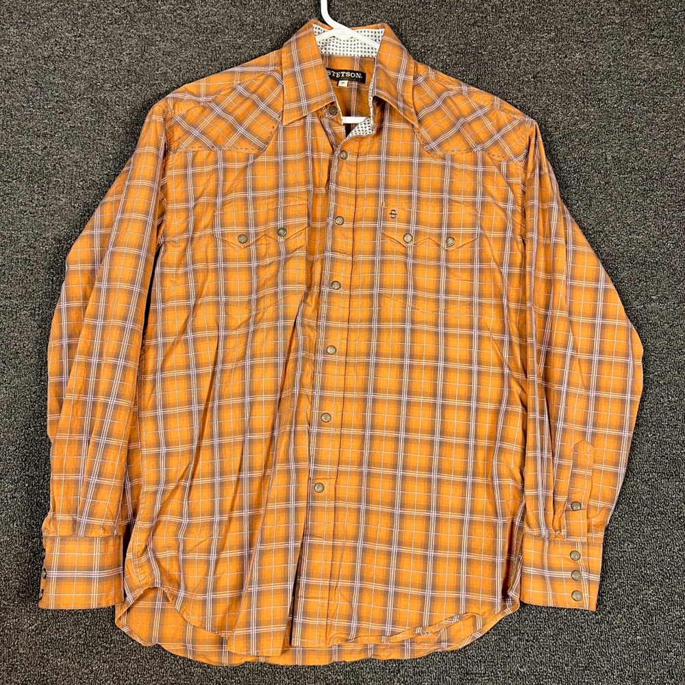 Stetson Mens Orange Plaid Western Snap Shirt Long Sleeve Cotton Cowboy Medium